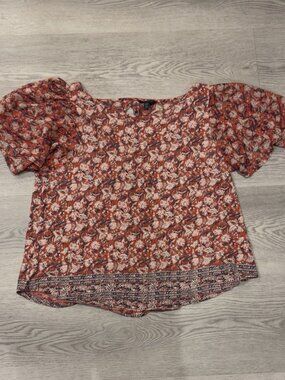 Lucky Brand Floral Print Top Size XL Keyhole Neck Boho Short Sleeve Blouse